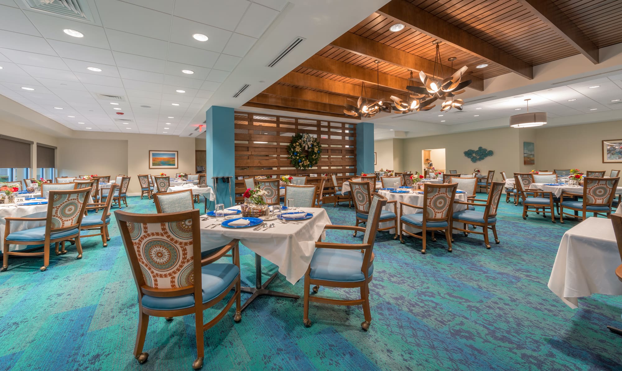 The Mayflower at Winter Park Dining Room Showing Dramatic Wood Suspended Ceiling and Wood Accent Dividing Walls